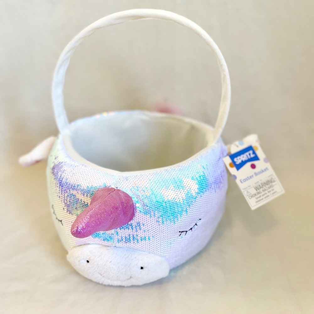 Spritz Iridescent Sequin Unicorn Easter Basket‎ White Pink Glitter Horn NWT